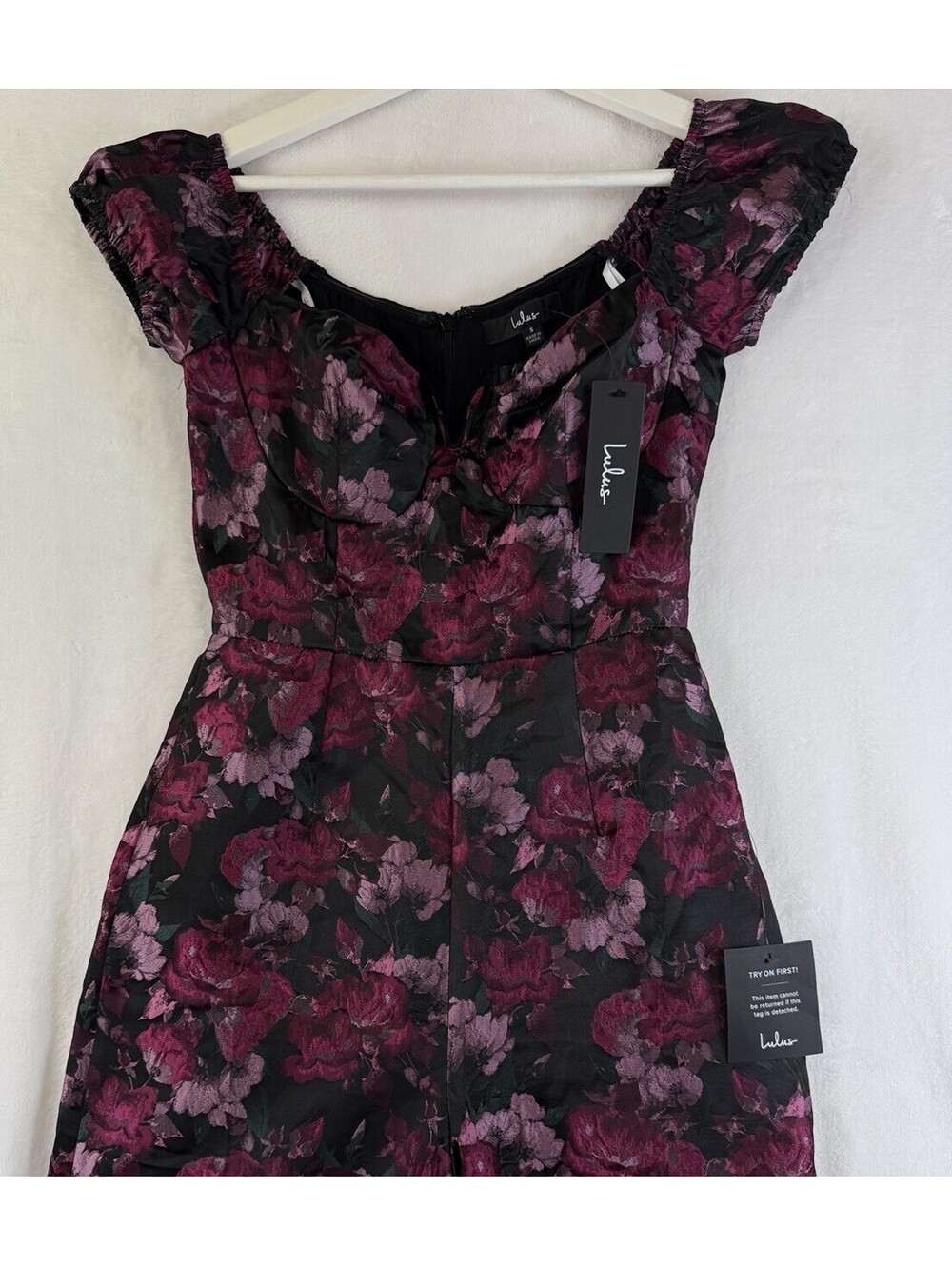 Lulus Jumpsuit Small Womens Bustier Jacquard Purple Floral Off The Shoulder New